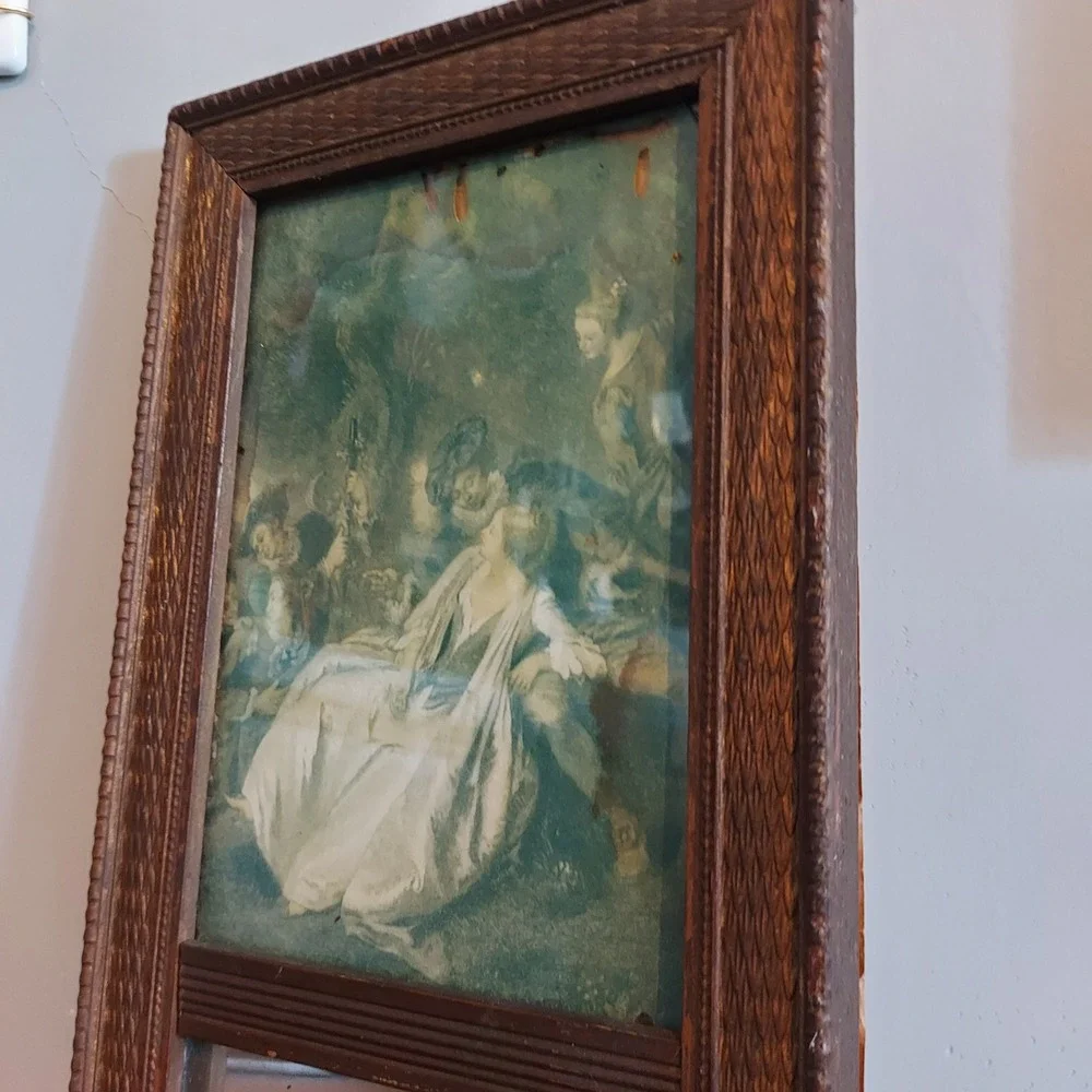 Antique Trumeau Wall Mirror Carved Wood Frame Romantic Scene Print 27x6.5in